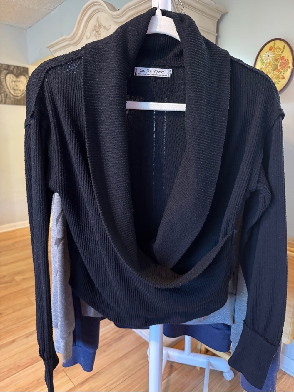 We The Free Black Ribbed Shawl-Collar Open Front Knit Top Size XSmall